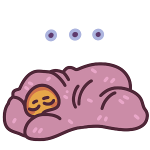 a person with a peaceful face curled up on a surface in a pink blanket. There are three dots above them.